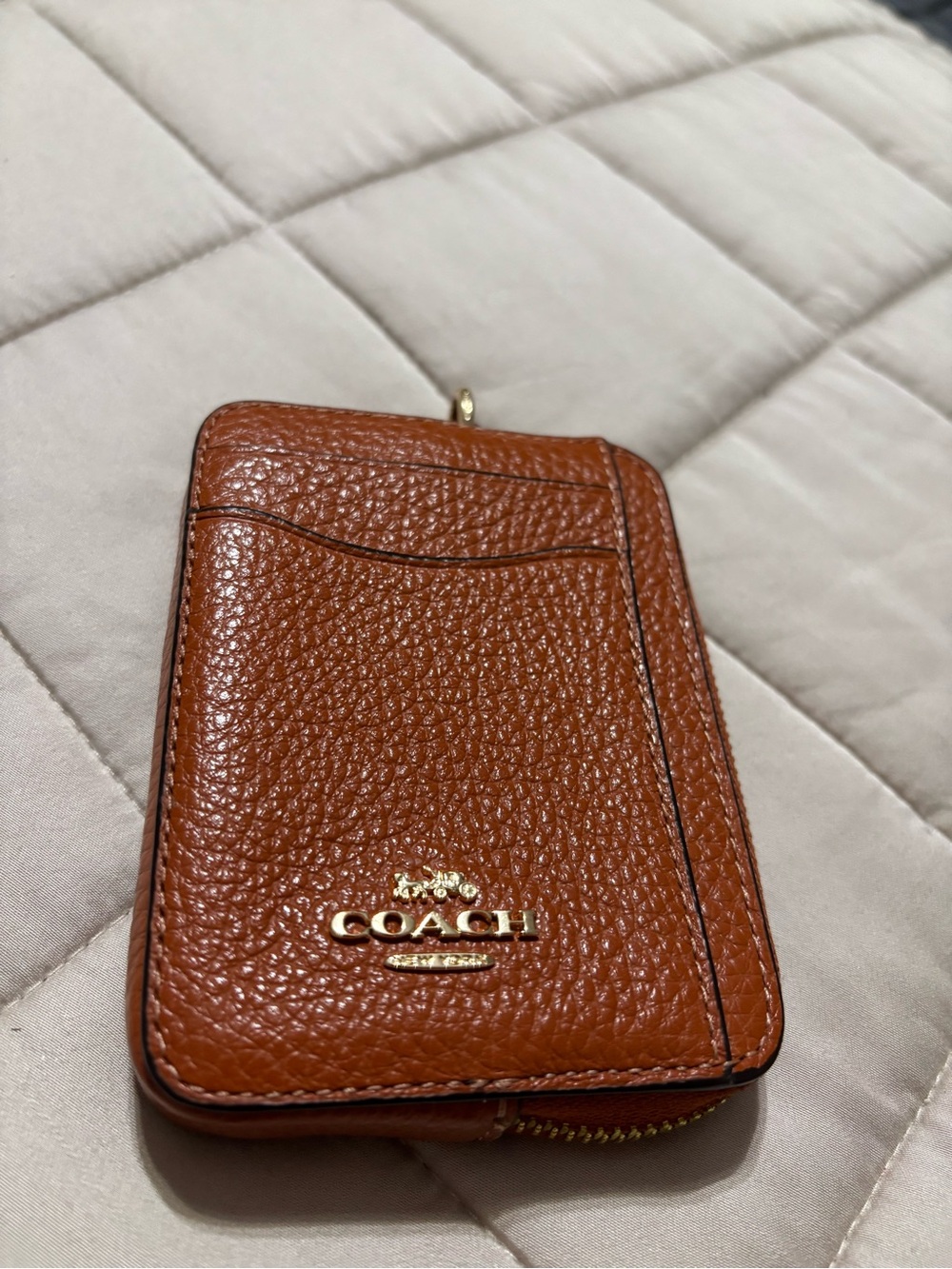 COACH Brown Pebbled Leather Zip Card Case with Gold Logo
